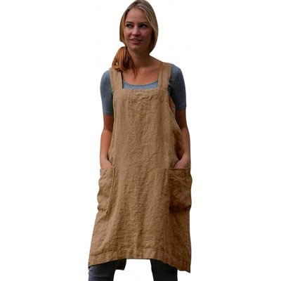 Nightgowns & Sleepshirts Women Dresses for Work- Cotton Linen Solid Square Cross Apron Garden Pinafore - Khaki - C718M24DSOY