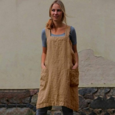 Nightgowns & Sleepshirts Women Dresses for Work- Cotton Linen Solid Square Cross Apron Garden Pinafore - Khaki - C718M24DSOY