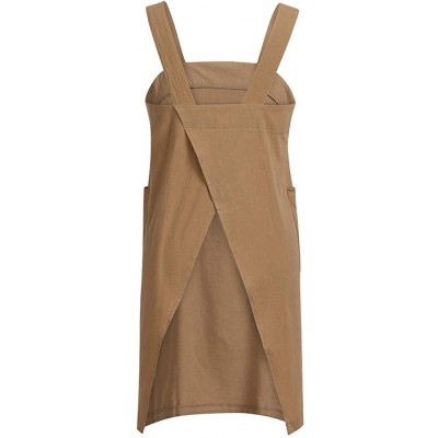 Nightgowns & Sleepshirts Women Dresses for Work- Cotton Linen Solid Square Cross Apron Garden Pinafore - Khaki - C718M24DSOY