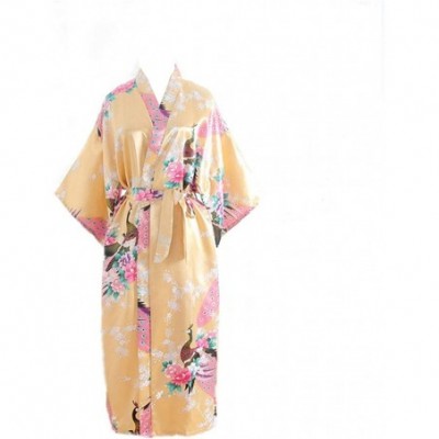 Robes Kimono Long Bath Robe Gown Silky Peacock Bridesmaid Bridal Yukata Shower Womens Gift - Yellow - CS194D2M86O