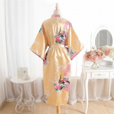 Robes Kimono Long Bath Robe Gown Silky Peacock Bridesmaid Bridal Yukata Shower Womens Gift - Yellow - CS194D2M86O