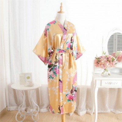 Robes Kimono Long Bath Robe Gown Silky Peacock Bridesmaid Bridal Yukata Shower Womens Gift - Yellow - CS194D2M86O