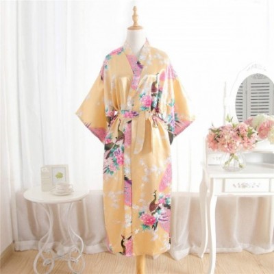 Robes Kimono Long Bath Robe Gown Silky Peacock Bridesmaid Bridal Yukata Shower Womens Gift - Yellow - CS194D2M86O