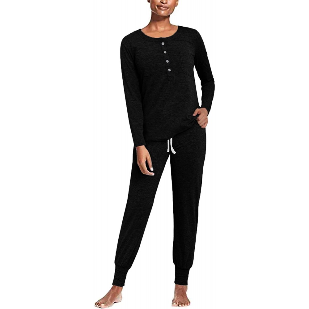 Sets Pajamas for Women Long Sleeve Sleepwear Set Nightwear Tops Lounge Jogger Pants Soft Loungwear Pjs - A-black - CH18ZZIEY6S