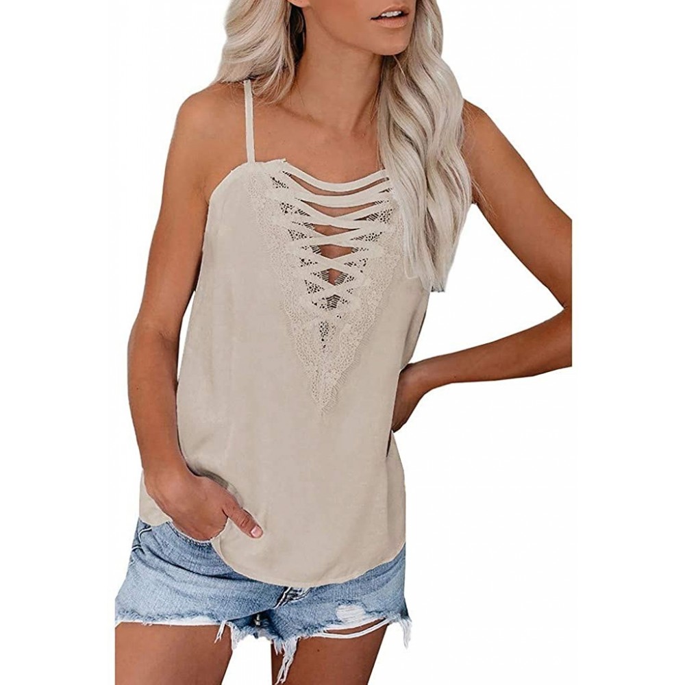 Slips Fashion Womens Tank Tops Sleeveless Spaghetti Strap Lace V Neck Loose Camis Vest Casual Shirts Tunic Blouses - Khaki - ...