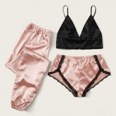 Sets 3pc Womens Exotic Chemises Negligees Camisole Shorts Set Sexy Cami Tops + Lace Bra + Satin Shorts Pajama Sets N pink - C...