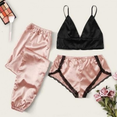 Sets 3pc Womens Exotic Chemises Negligees Camisole Shorts Set Sexy Cami Tops + Lace Bra + Satin Shorts Pajama Sets N pink - C...