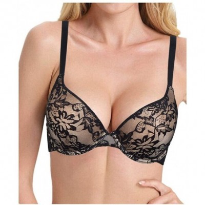 Bras Women's Lightly Padded Underwire Everyday Bra Push Up with Sexy Lace 32A-40D - Nude+black - CG19DI0YXHW