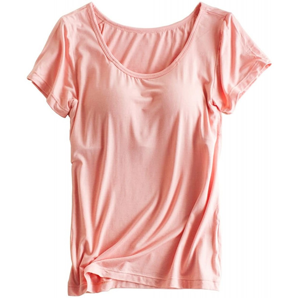 Nightgowns & Sleepshirts Womens Modal Built-in Bra Padded Active Camisole Pajama Casual Tops T-Shirt - Pink - CY18EQ4I0OM