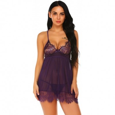 Baby Dolls & Chemises Lace Lingerie for Women Lace Babydoll Lingerie V Neck - Purple - CK18W6KDWA0