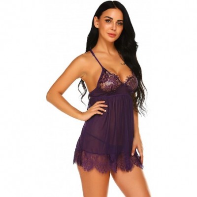 Baby Dolls & Chemises Lace Lingerie for Women Lace Babydoll Lingerie V Neck - Purple - CK18W6KDWA0