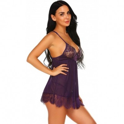 Baby Dolls & Chemises Lace Lingerie for Women Lace Babydoll Lingerie V Neck - Purple - CK18W6KDWA0