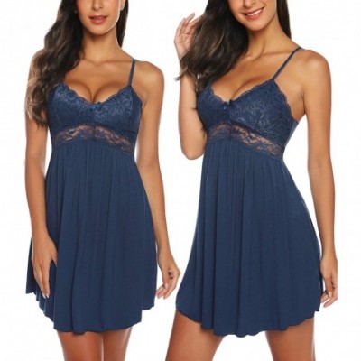 Nightgowns & Sleepshirts Women Lace Lingerie Sleepwear Chemises V-Neck Full Slip Babydoll Nightgown Dress - Blue - CI189KIW446