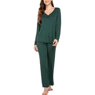 Sets Women's Pj Set Sleepwear Two Piece Pajamas Tops with Long Sleep Pants Pjs Loungewear - Dark Green - CO192QQCYNU