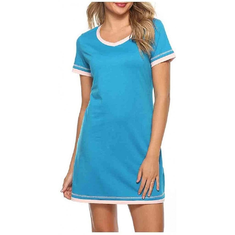 Nightgowns & Sleepshirts Womens Crew Neck Short Sleeves Cozy Daily Hit Color Sleepwear - Sky Blue - C21900DWLQ0