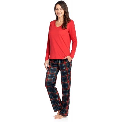 Sets Women's Jersey Knit Long-Sleeve Top and Mink Fleece Bottom Pajama Set - Minky - Black Stewart Plaid - CE18E52XKOQ