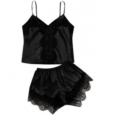 Baby Dolls & Chemises Women Sexy Sleepwear Women Sleeveless Nightwear Strap Lace Trim Satin Cami Top Pajama - Black - C019422...