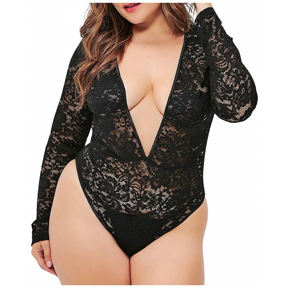 Robes Women Plus Size Lace Bodysuit Teddy Lingerie Sexy Underwear Sleepwear Jumpsuit -XXXXL - Black - CP19080X7EH