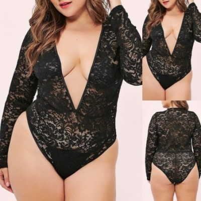 Robes Women Plus Size Lace Bodysuit Teddy Lingerie Sexy Underwear Sleepwear Jumpsuit -XXXXL - Black - CP19080X7EH