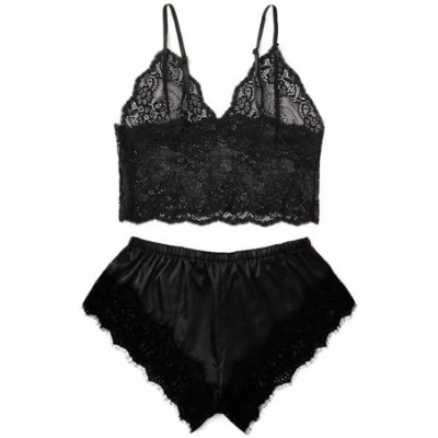 Sets Women Satin Lace V-Neck Camisole Bowknot Shorts Set Sleepwear Pajamas Set - Black - C7195I5QTE3