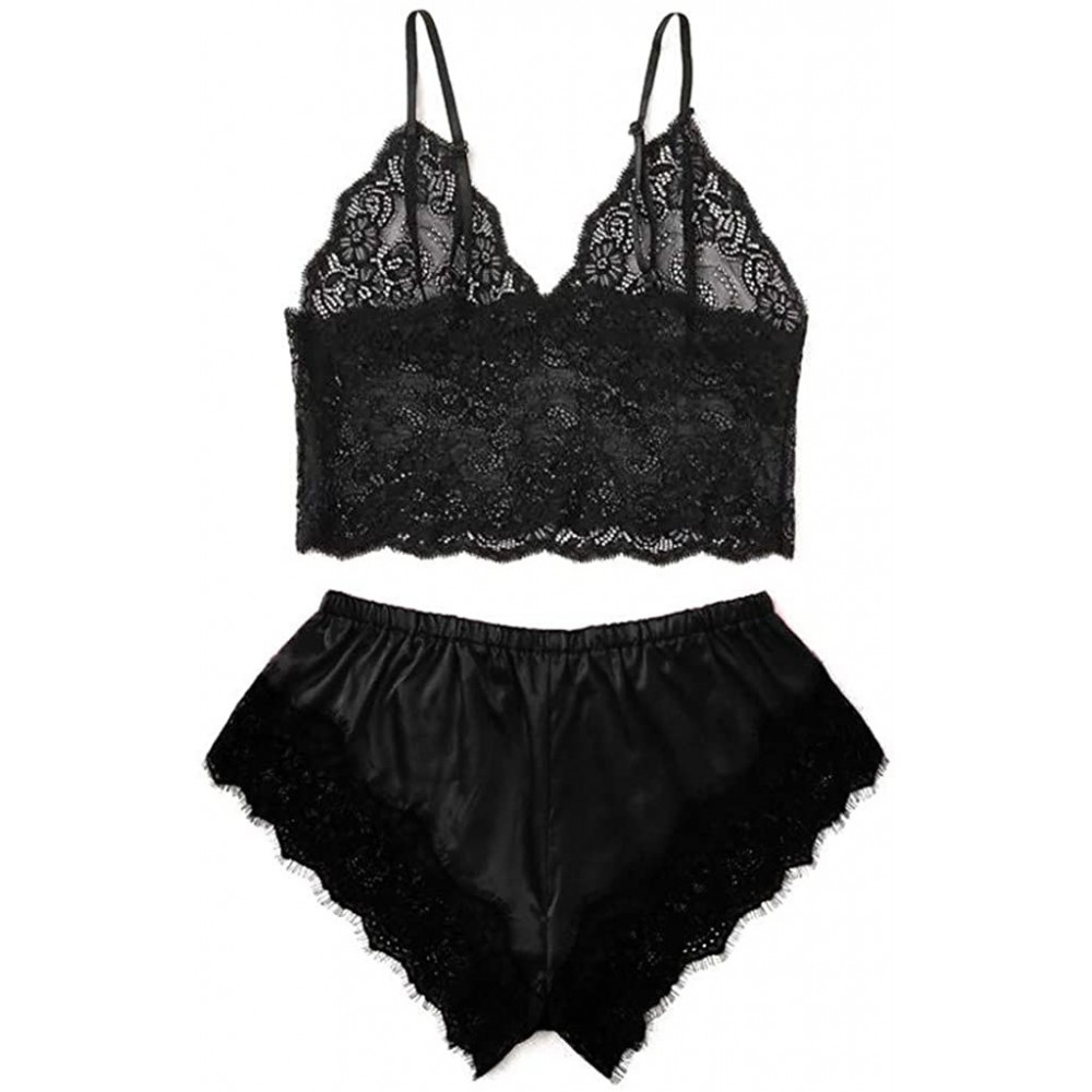 Sets Women Satin Lace V-Neck Camisole Bowknot Shorts Set Sleepwear Pajamas Set - Black - C7195I5QTE3