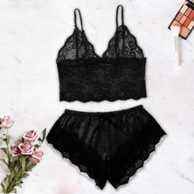 Sets Women Satin Lace V-Neck Camisole Bowknot Shorts Set Sleepwear Pajamas Set - Black - C7195I5QTE3