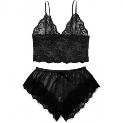 Sets Women Satin Lace V-Neck Camisole Bowknot Shorts Set Sleepwear Pajamas Set - Black - C7195I5QTE3