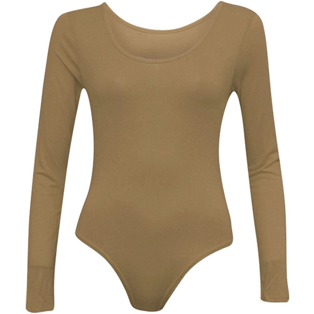 Shapewear Women Long Sleeve Scoop Neck Leotard Plain Stretch Bodysuit (S-M-L) - Mocha - CF188CY07T5