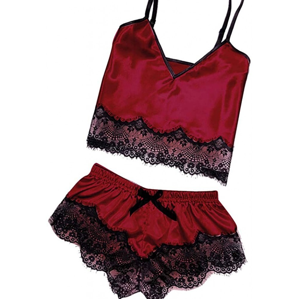 Nightgowns & Sleepshirts Women Underwear Nightwear Women's Satin Lace Bodysuit Top Panty Sleepwear Set - Red - CV18N0MD72C