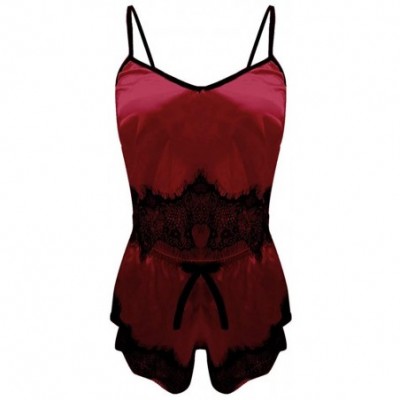 Nightgowns & Sleepshirts Women Underwear Nightwear Women's Satin Lace Bodysuit Top Panty Sleepwear Set - Red - CV18N0MD72C