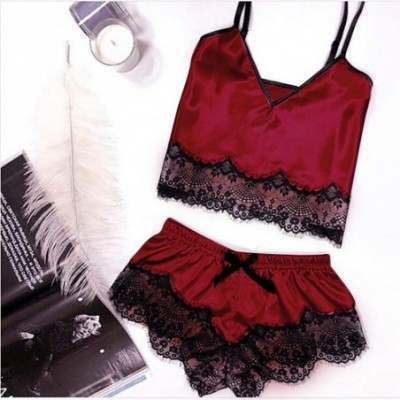 Nightgowns & Sleepshirts Women Underwear Nightwear Women's Satin Lace Bodysuit Top Panty Sleepwear Set - Red - CV18N0MD72C