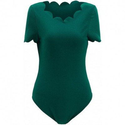 Shapewear Women's Scallop Trim Plain Bodysuit - 1 Green - C718UTIUE9G