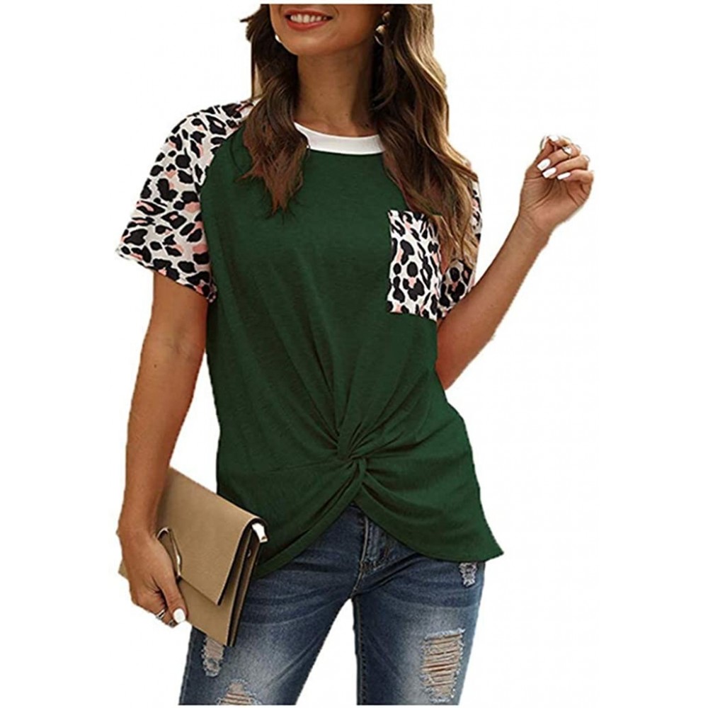 Thermal Underwear 2020 Womens Leopard Print T Shirts Stripe Twist Knot Tunic Tops Short Sleeve Casual Blouses - H-green - C31...