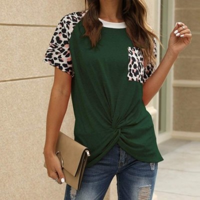 Thermal Underwear 2020 Womens Leopard Print T Shirts Stripe Twist Knot Tunic Tops Short Sleeve Casual Blouses - H-green - C31...