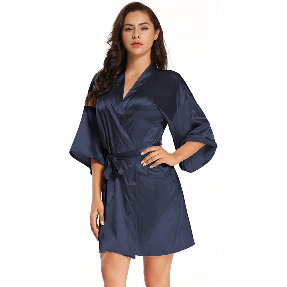 Robes Women's Pure Short Satin Robes Bridesmaid and Bride Silky Robes Summer Sleepwear - Navy - CV199AUMOLR