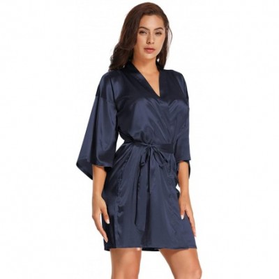 Robes Women's Pure Short Satin Robes Bridesmaid and Bride Silky Robes Summer Sleepwear - Navy - CV199AUMOLR