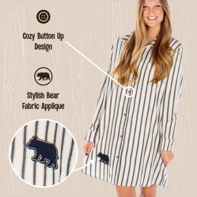 Nightgowns & Sleepshirts Button-Up Sleep Shirt- Nightshirts for Women- Animal-Themed Designs - Ticking Bear Button Down - CA1...