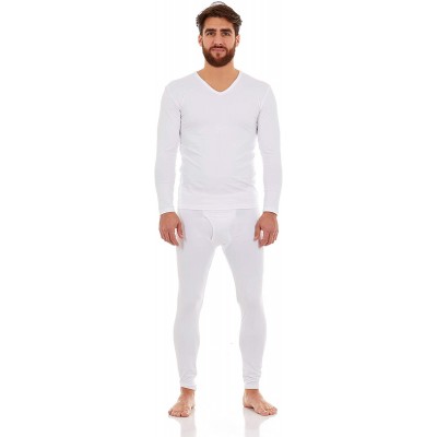 Thermal Underwear Mens Ultra Soft V-Neck Thermal Underwear with Fleece Lined Long Johns Set - White - C218AQKTG0S