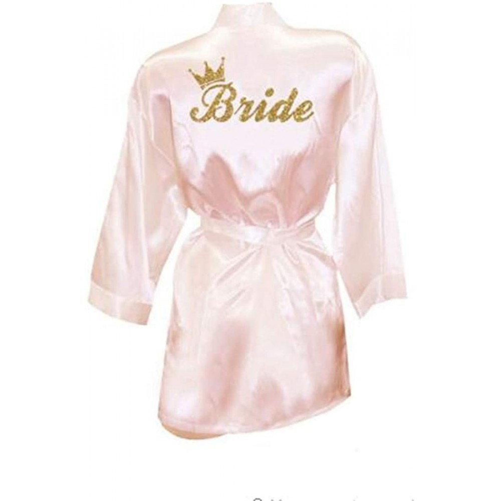 Robes Bride Crown Team Bride Golden Glitter Print Kimono Robes Faux Silk Women Wedding Preparewear - Pink Bride - CD19C8WXDRO