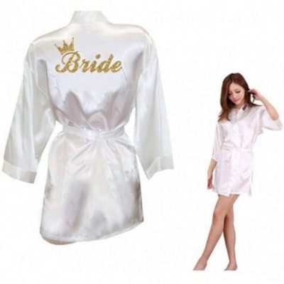 Robes Bride Crown Team Bride Golden Glitter Print Kimono Robes Faux Silk Women Wedding Preparewear - Pink Bride - CD19C8WXDRO