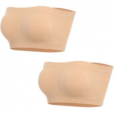 Bras Bandeau Bras for Women Strapless Bralette Padded Tube Bra Bandeau Tude Top with Built in Bra 2 Pack - Beige - C0199HNSA4H