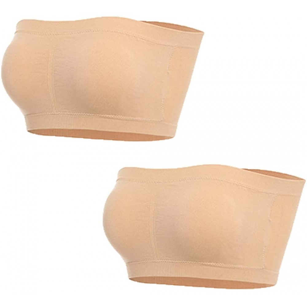 Bras Bandeau Bras for Women Strapless Bralette Padded Tube Bra Bandeau Tude Top with Built in Bra 2 Pack - Beige - C0199HNSA4H