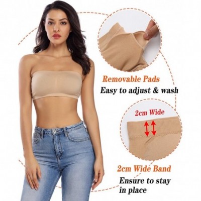 Bras Bandeau Bras for Women Strapless Bralette Padded Tube Bra Bandeau Tude Top with Built in Bra 2 Pack - Beige - C0199HNSA4H