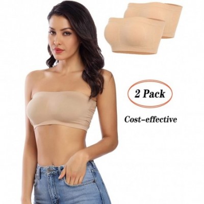 Bras Bandeau Bras for Women Strapless Bralette Padded Tube Bra Bandeau Tude Top with Built in Bra 2 Pack - Beige - C0199HNSA4H