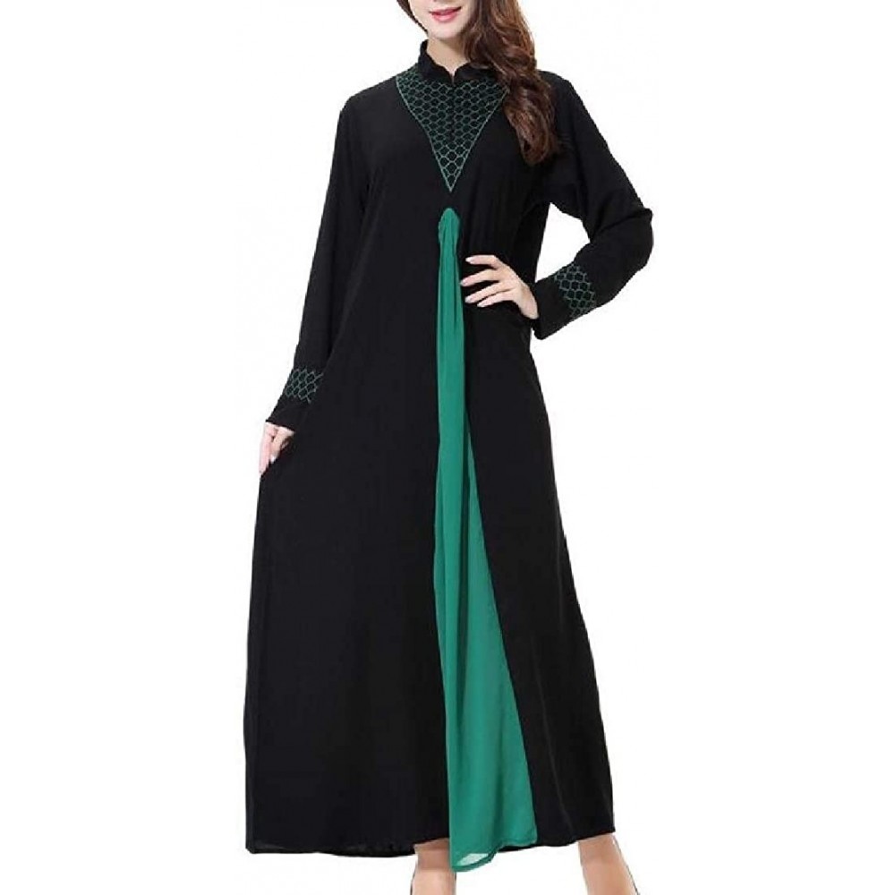 Robes Womens Modest Stand Collar Abaya Color Block Jilbab Muslim Islamic Caftan Maxi Dress - Green - CA19880U9DS