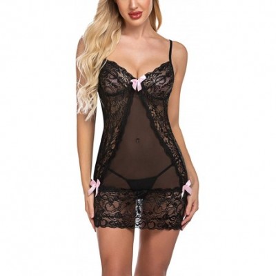 Baby Dolls & Chemises Lingerie Women Nightwear Strappy Babydoll Set Mesh Chemise Full Slips - 1-pink - C4185D9O5DX