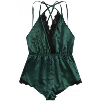 Robes Women Lingerie Bodysuit V Neck Backless Teddy Lace Babydoll Satin Jumpsuit Pajamas Nightwear - Green - CI19CDEEKKW