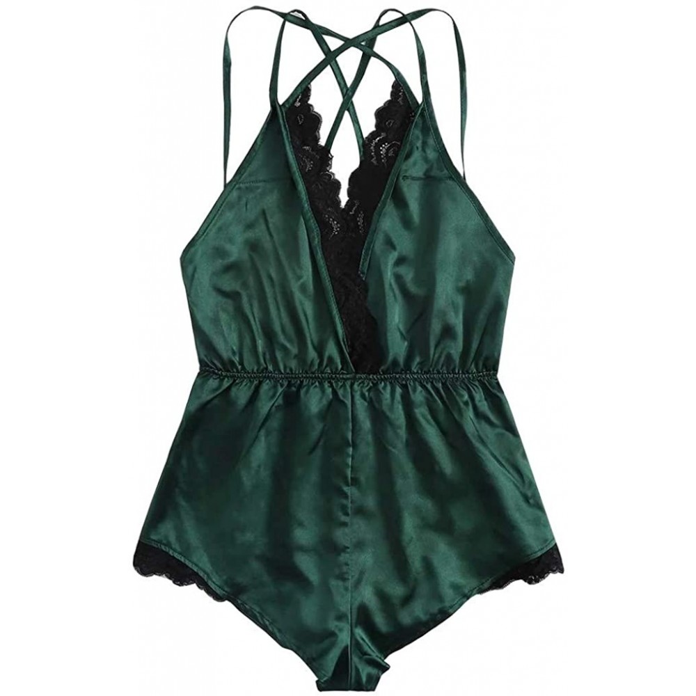 Robes Women Lingerie Bodysuit V Neck Backless Teddy Lace Babydoll Satin Jumpsuit Pajamas Nightwear - Green - CI19CDEEKKW