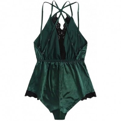 Robes Women Lingerie Bodysuit V Neck Backless Teddy Lace Babydoll Satin Jumpsuit Pajamas Nightwear - Green - CI19CDEEKKW