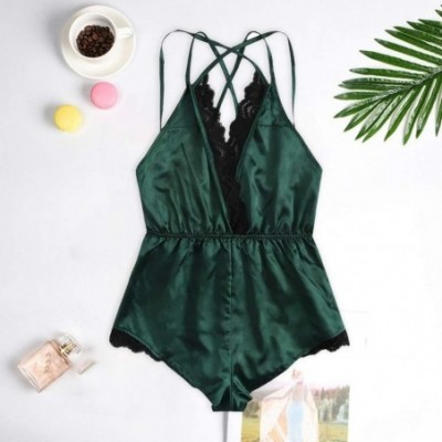 Robes Women Lingerie Bodysuit V Neck Backless Teddy Lace Babydoll Satin Jumpsuit Pajamas Nightwear - Green - CI19CDEEKKW